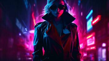 enigmatico eleganza neon noir femme fatale, ai generativo foto