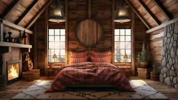 generativo ai, accogliente e caldo rustico Camera da letto con pietra camino foto