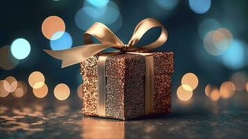 festivo regalo scatola contro bokeh sfondo. vacanza saluto carta. tipicamente Usato per compleanno, anniversario regali, regalo carte, inviare carte. ai generativo foto