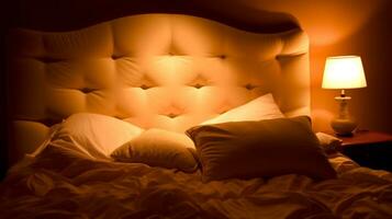 romantico ritiro accogliente Camera da letto con king-size trapuntata letto e morbido illuminazione, generativo ai foto