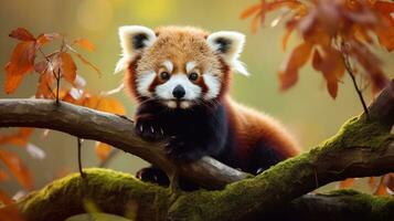 incantevole rosso panda adorabile posa su un' ramo, ai generativo foto