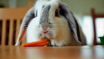 generativo ai, coniglietto beatitudine un' animale domestico coniglio stuzzichini su carote nel un' accogliente interno porto foto