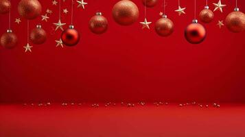 festivo Natale decorazioni. minimalista rosso sfondo con un' gioioso vacanza atmosfera foto