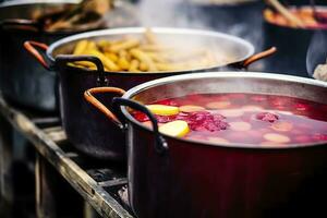 bevande frutta e frutti di bosco caldo vin brulé vino nel pentole con vapore nel strada cibo mercato. generativo ai foto