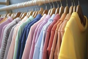 colorato Abiti su un' capi di abbigliamento cremagliera, pastello colorato guardaroba nel un' shopping memorizzare o Camera da letto, arcobaleno colore Abiti scelta su grucce, casa armadio concetto Immagine. ai generativo foto