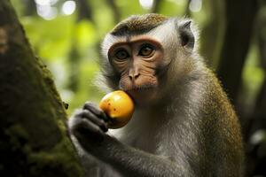 vicino su di scimmia mangiare frutta nel il giungla. generativo ai foto