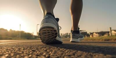 vicino su su il scarpa, corridore atleta piedi in esecuzione su il strada sotto luce del sole nel il mattina. ai generativo foto