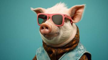 generativo ai, freddo maiale elegante occhiali da sole su un' pastello terreno di gioco foto