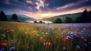 generativo ai, incantata fioriture un' vivace arazzo di Fiore di campo prati, ai generativo foto