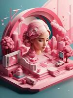 3d illustrazione di un' rosa città con faccia da ragazza architettura, macchine, e alberi di ai-generato foto