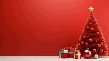 festivo Natale decorazioni e albero. minimalista rosso sfondo, gioioso vacanza atmosfera foto