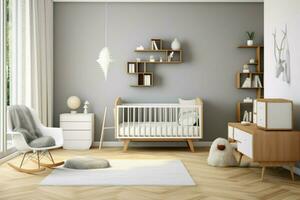 elegante scandinavo bambini Camera da letto con un' minimalista design con un' elegante culla ai generato foto