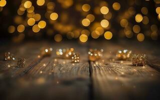 Natale bokeh sfondo, di legno sfondo con bokeh, luccichio stelle, rustico Di legno, e fondale per Prodotto presentazione. ai generativo foto