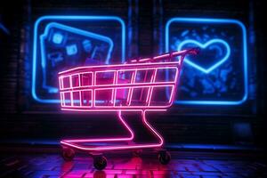 neon San Valentino shopping cartello brilla, con borse e carrelli, evocando romantico Al dettaglio. ai generato foto
