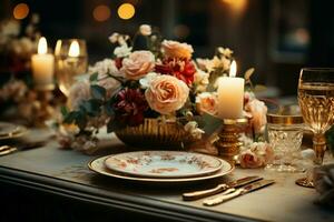nozze cena design con bellissimo stoviglie e tradizionale stile posto carte ai generato foto