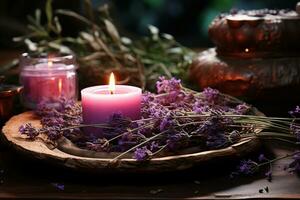 tranquillo ambiente candela, di legno piatto, pietre, lavanda indurre un' meditativo stato ai generato foto