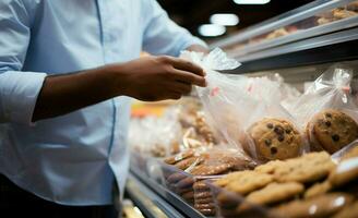 mans vicino su azione fissaggio biscotti dentro un' plastica Borsa durante drogheria shopping ai generato foto