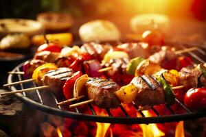 bbq cibo festa estate grigliate carne nel il pomeriggio di fine settimana contento festa. ai generativo foto