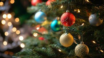 vicino su realistico Natale albero con abbondante decorazioni. festivo vacanza fascino foto