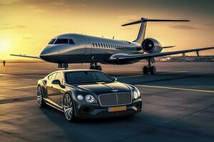 super auto e privato Jet su atterraggio striscia. attività commerciale classe servizio a il aeroporto. attività commerciale classe trasferimento. aeroporto navetta, ai generativo foto