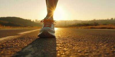 vicino su su il scarpa, corridore atleta piedi in esecuzione su il strada sotto luce del sole nel il mattina. ai generativo foto