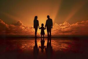 ombra di contento famiglia insieme, genitori con loro poco bambino a tramonto. un' silhouette di amore e unità. ai generativo foto