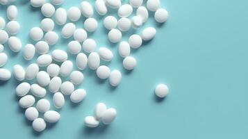superiore Visualizza bianca medicina compresse antibiotico pillole su un' morbido blu sfondo, copia spazio, farmacia tema, ai generativo foto