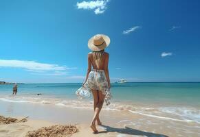 ai generativo giovane turista donna nel estate vestito e cappello in piedi su bellissimo sabbioso spiaggia. carino ragazza godendo foto