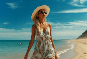 ai generativo giovane turista donna nel estate vestito e cappello in piedi su bellissimo sabbioso spiaggia. carino ragazza godendo foto