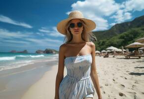 ai generativo giovane turista donna nel estate vestito e cappello in piedi su bellissimo sabbioso spiaggia. carino ragazza godendo foto