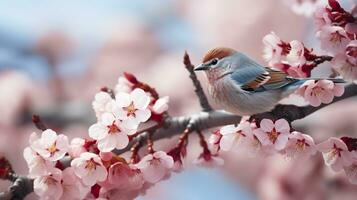 uccelli seduta nel un' albero pieno con ciliegia fiorire fiori. generativo ai foto