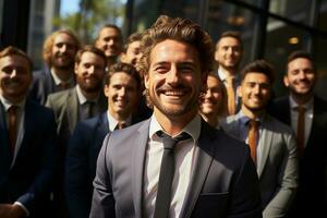 ai generativo gruppo di contento attività commerciale uomo e attività commerciale donne, vestito nel tute siamo sorridente, nel il ufficio foto