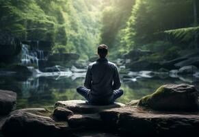 ai generativo foto di un' uomo praticante consapevolezza e meditazione nel un' tranquillo, calmo naturale ambiente sony a7s realistico Immagine, ultra hd, alto design molto dettagliato