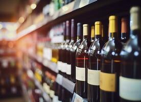astratto sfocatura vino bottiglie su liquore alcool scaffali nel supermercato memorizzare sfondo. generativo ai foto