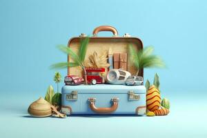 creativo estate spiaggia composizione nel valigia su blu sfondo, un' viaggio concetto idea nel 3d resa. ai generativo foto