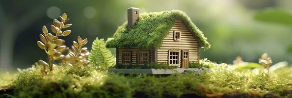 eco Casa. verde e l'ambiente amichevole alloggiamento concetto. miniatura di legno Casa nel primavera erba, muschio e felci su un' soleggiato giorno. ai generativo foto