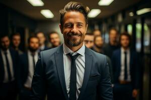 ai generativo gruppo di contento attività commerciale uomo e attività commerciale donne, vestito nel tute siamo sorridente, nel il ufficio foto