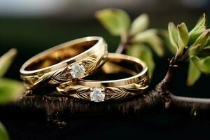 anelli annidato su ramo, simboleggiante gli amori crescita, nature abbraccio nel matrimoniale unità ai generato foto