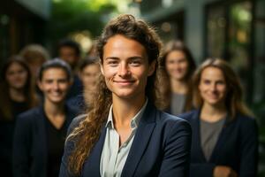 ai generativo gruppo di contento attività commerciale uomo e attività commerciale donne, vestito nel tute siamo sorridente, nel il ufficio foto