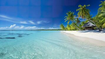 tropicale Paradiso spiaggia con bianca sabbia e cristallo chiaro blu acqua. bellissimo naturale estate vacanza vacanze sfondo. viaggio turismo largo panorama sfondo concetto. ai generativo foto