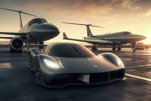 super auto e privato Jet su atterraggio striscia. attività commerciale classe servizio a il aeroporto. attività commerciale classe trasferimento. aeroporto navetta, ai generativo foto