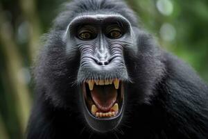 celebrità crestato macaco con Aperto bocca. vicino su su il verde naturale sfondo. generativo ai foto