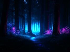 buio foresta nel il notte, neon colori. generativo ai foto