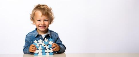 un' trionfante bambino visualizzazione un' finito puzzle isolato su un' bianca sfondo foto