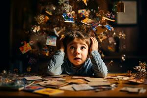 Childs viso fluttua fra confusione e illuminismo mentre studiando educativo puzzle foto