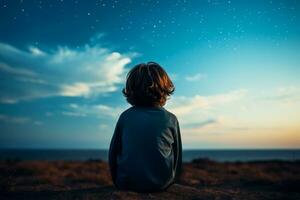 un' bambino guardando a il orizzonte isolato su un' crepuscolo pendenza sfondo foto