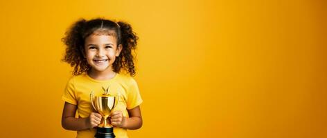 un' vittorioso bambino Tenere un' primo posto trofeo isolato su un' oro pendenza sfondo foto