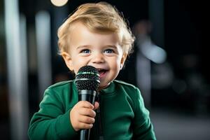 un' coraggioso bambino Tenere un' microfono isolato su un' bianca sfondo foto