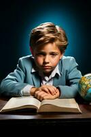 un' bambino assorto nel studiando un' globo isolato su un' blu pendenza sfondo foto
