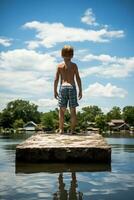 bambino in piedi su il bordo di immersione tavola miscela di paura e coraggio foto